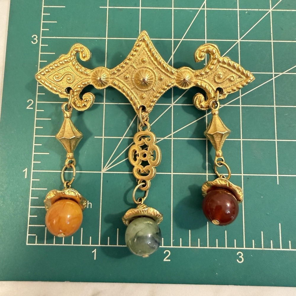 Vintage HUGE Matte Gold Etruscan Style Dangle Acrylic Bead Brooch Renaissance - Picture 6 of 6